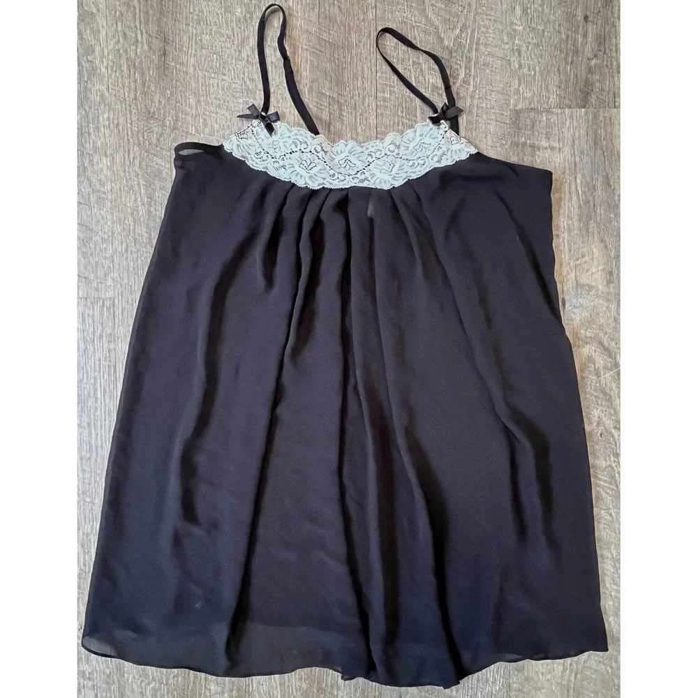 Gilligan & O'Malley black babydoll lingerie lace trim‎ bows size M sheer chiffon